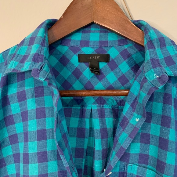 J Crew Popover Shirt Turquoise Blue Gingham - Picture 5 of 6